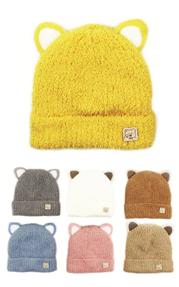 DBHK3943 Kids Animal Ear w/Bear Deco Winter Knit Hats