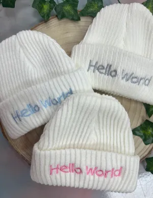 ‘Hello World’ Newborn knitted hats