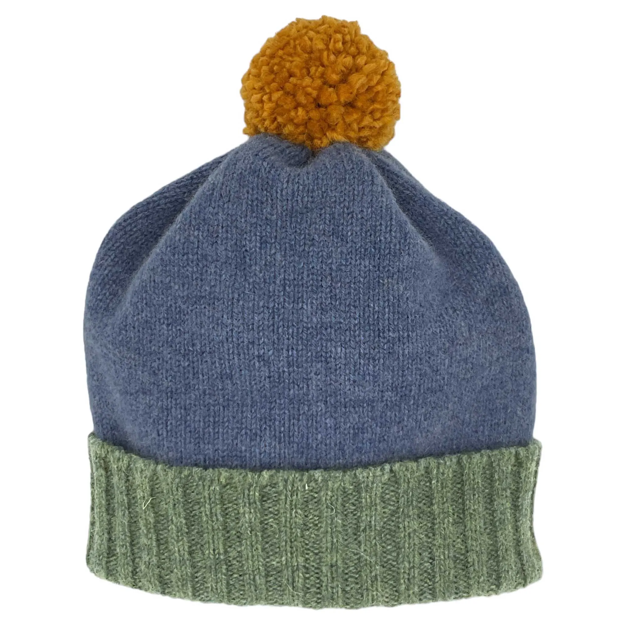 Kids' Denim Blue & Green Lambswool  Bobble Hat